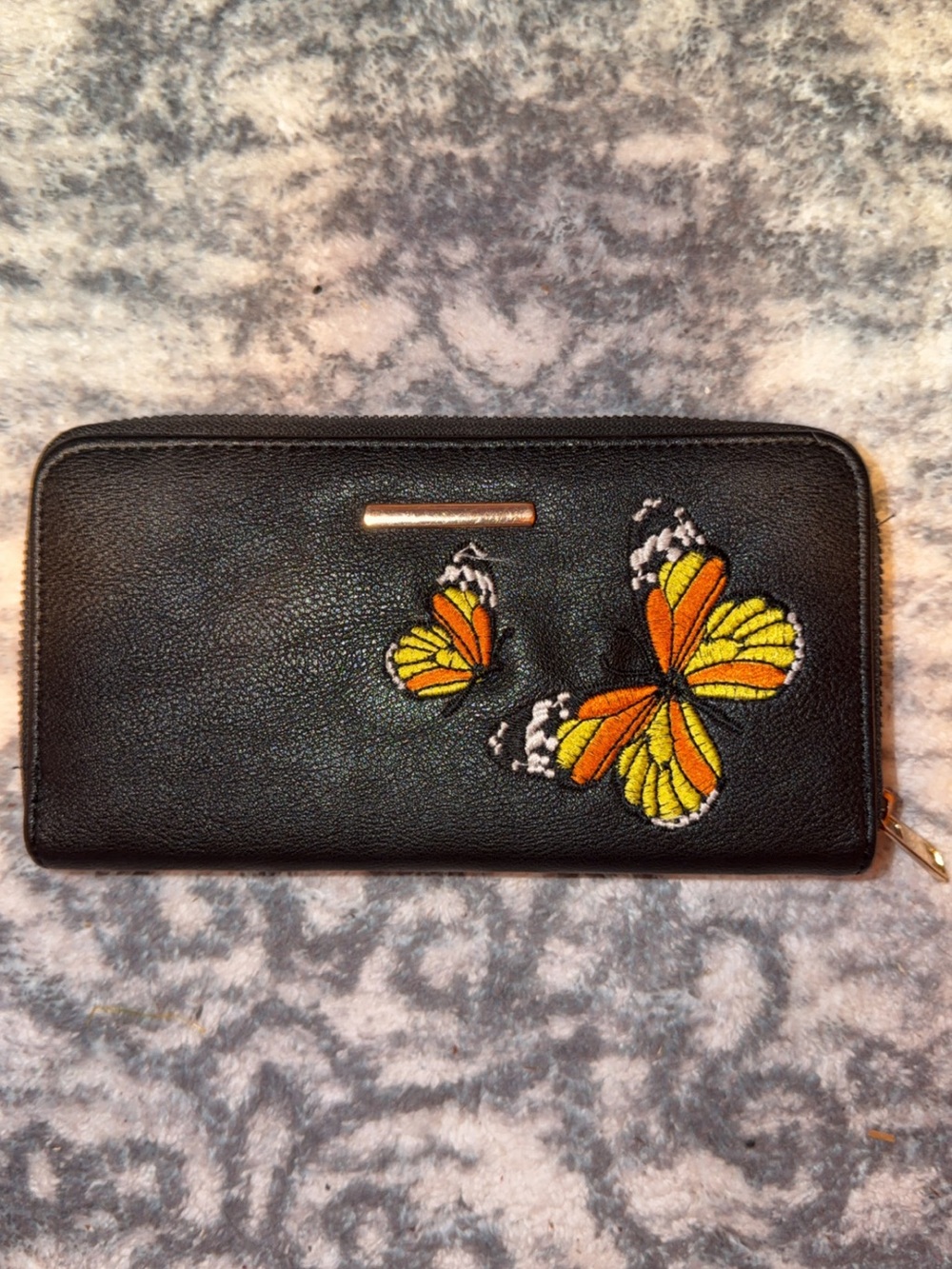 Black Butterfly Embroidered Zip-Around Wallet
